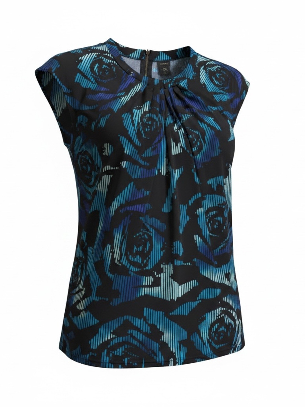 Worthington Blue and Black Rose-Print Cap Sleeve Blouse